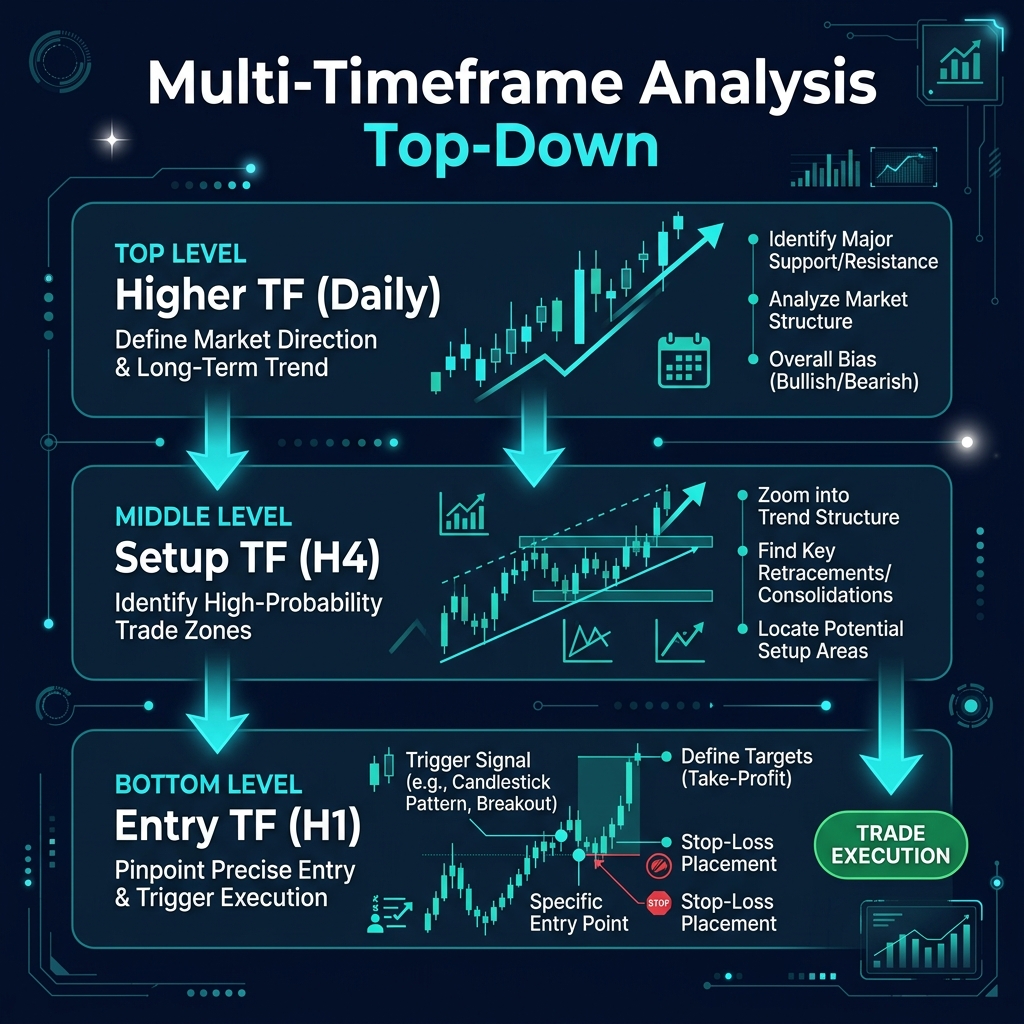 Multi-Timeframe Analysis — Top-Down approach with three timeframe levels