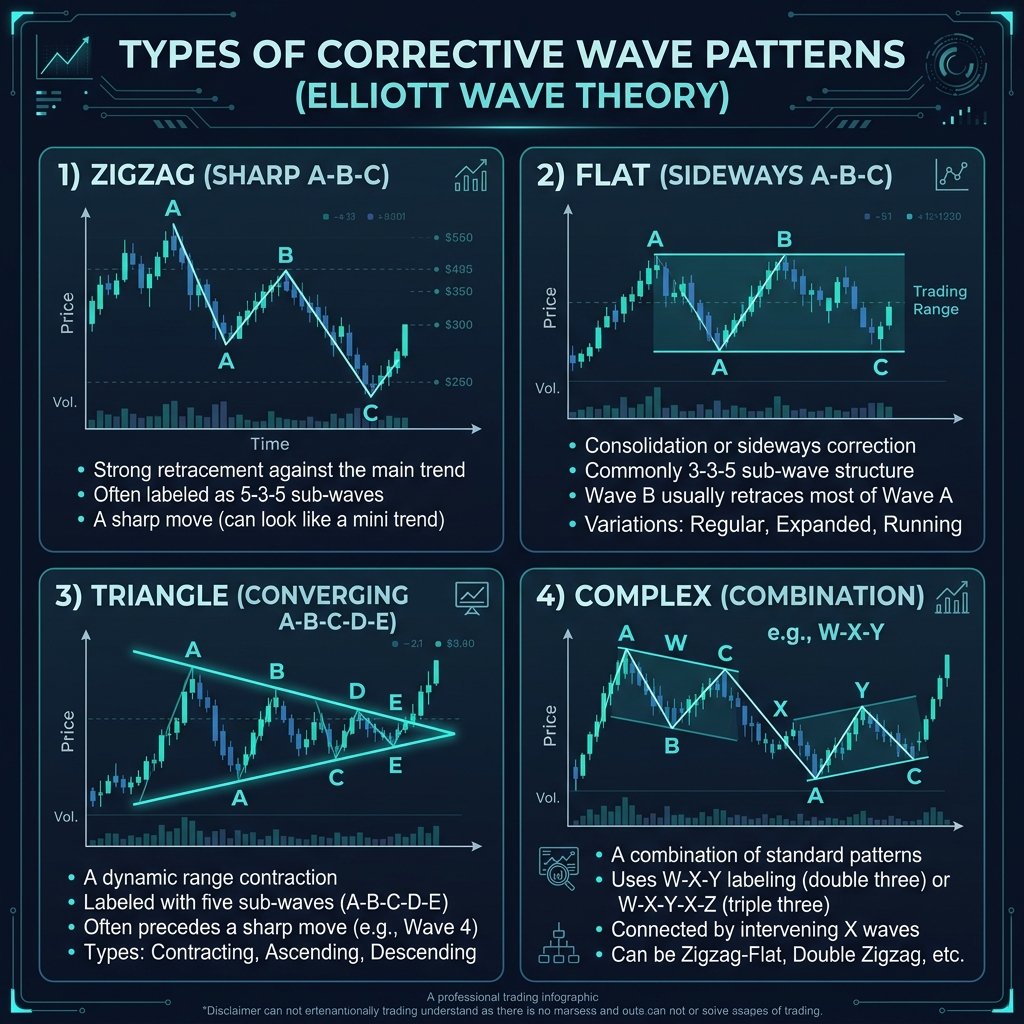 Types of corrective wave patterns: Zigzag, Flat, Triangle, and Complex