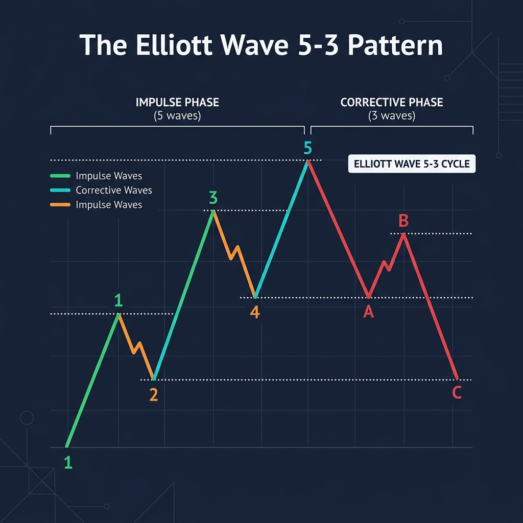 The Elliott Wave 5-3 Pattern — 5 impulse waves followed by 3 corrective waves