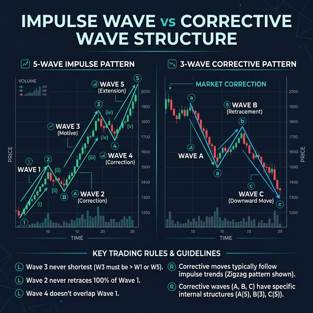 Impulse wave 5-wave pattern vs corrective wave 3-wave ABC pattern