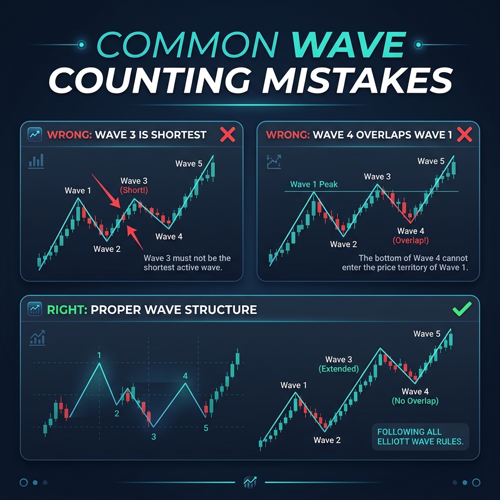 Common wave counting mistakes: Wave 3 shortest, Wave 4 overlapping Wave 1