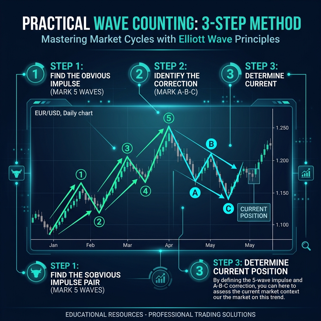 Practical 3-step wave counting method shown on a forex chart