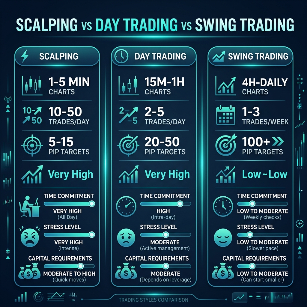Comparison of scalping vs day trading vs swing trading styles