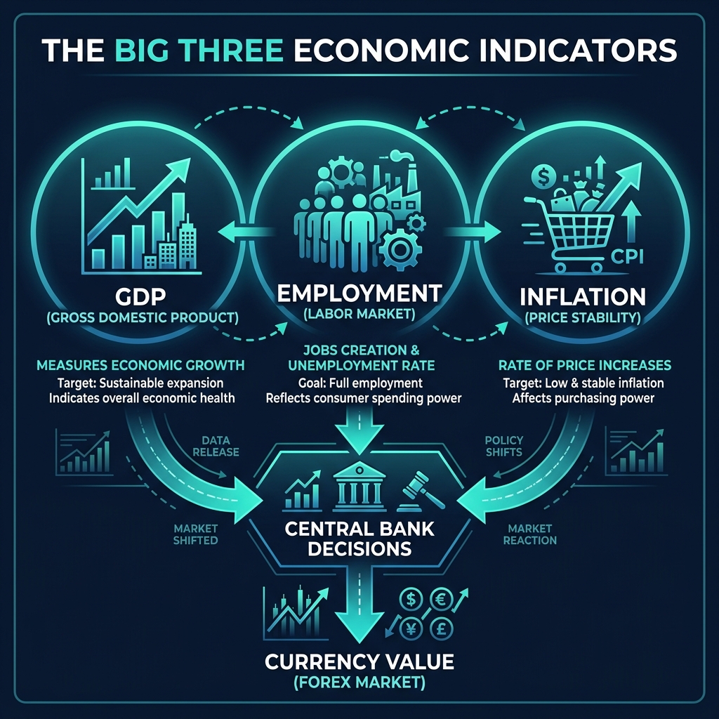 GDP, Employment, and Inflation — the three indicators that drive central bank decisions