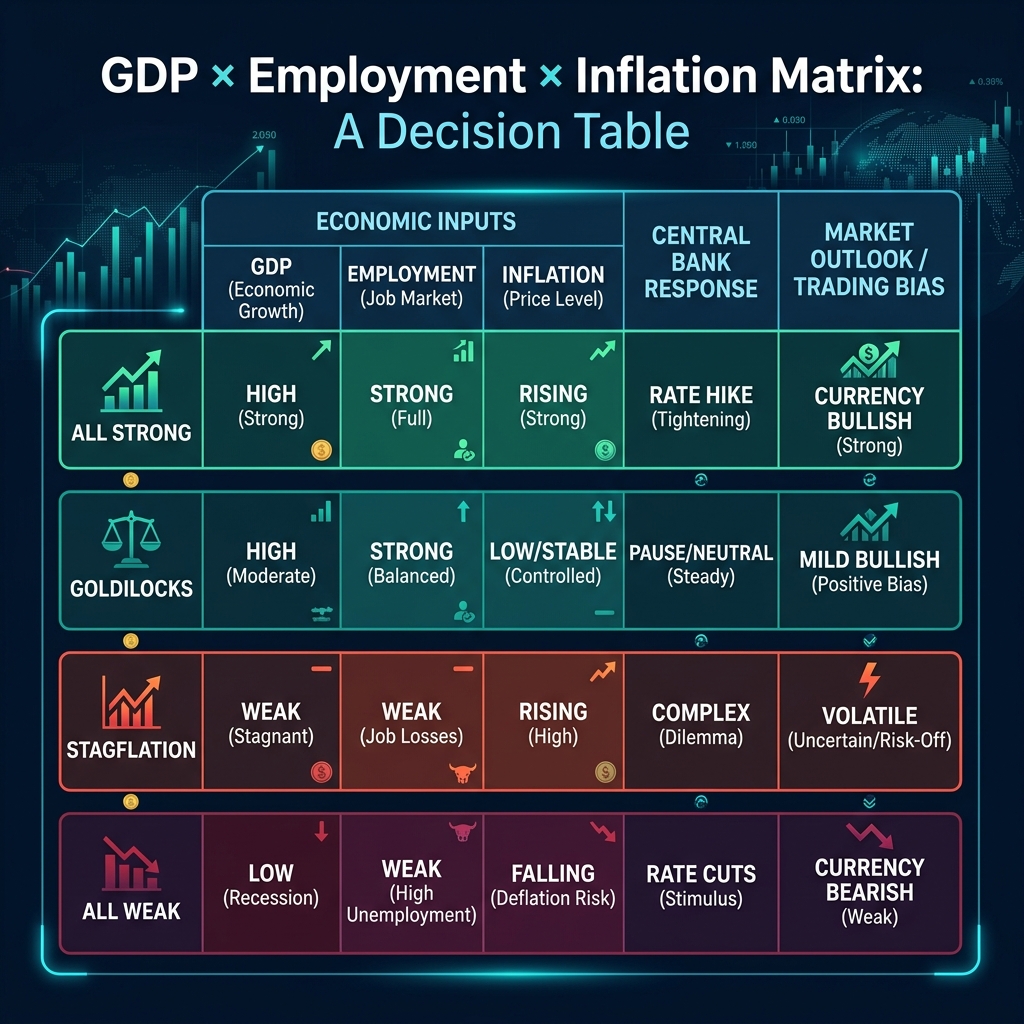 GDP × Employment × Inflation decision matrix for predicting central bank actions