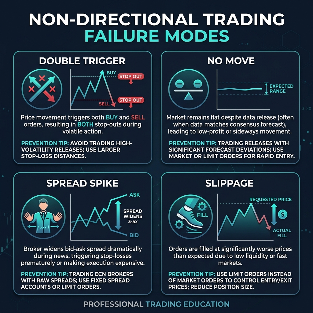Non-directional trading failure modes — double trigger, no move, spread spike, slippage