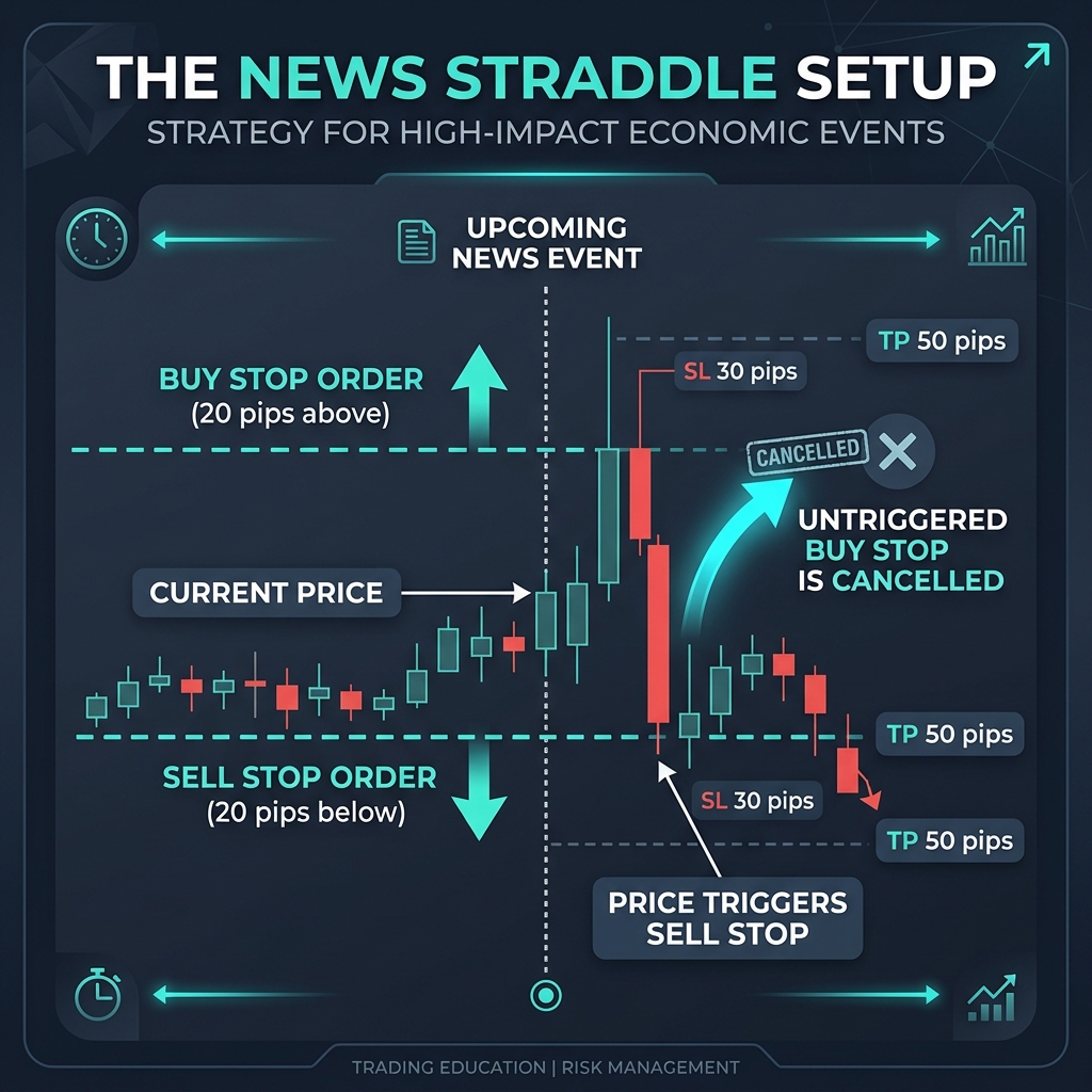 The News Straddle Setup — Buy Stop and Sell Stop placed on both sides