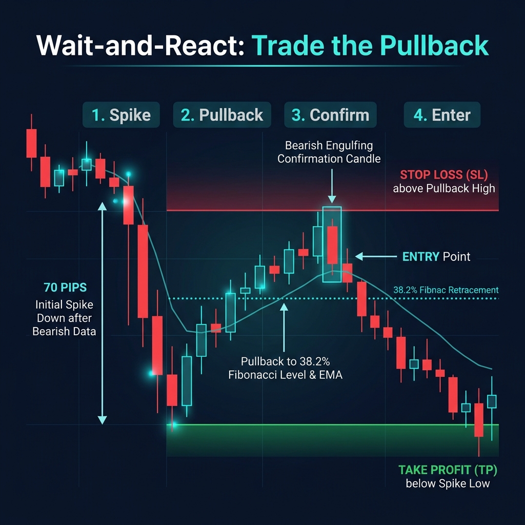 Wait-and-React pullback entry — spike, pullback, confirm, enter