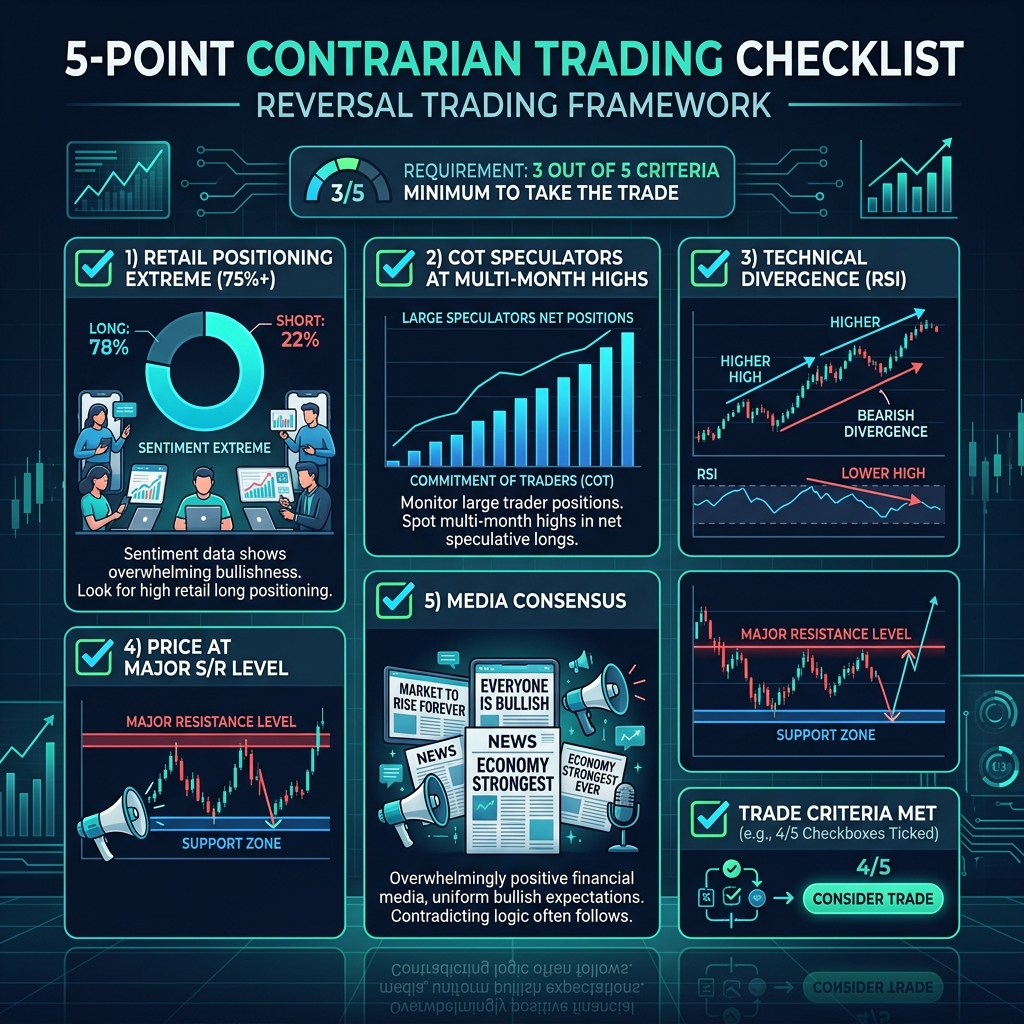 5-Point Contrarian Checklist — minimum 3 of 5 checks to take a trade
