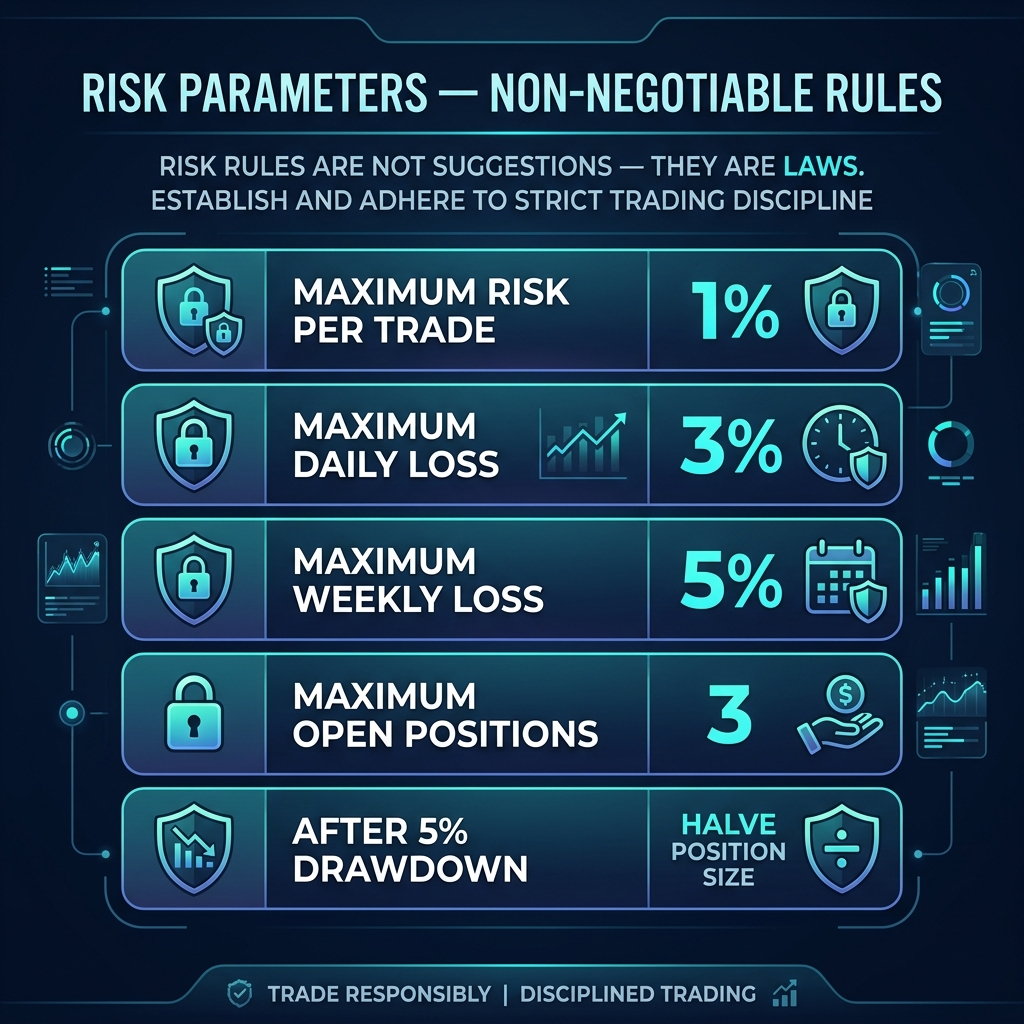 Risk Parameters — non-negotiable position sizing and drawdown rules