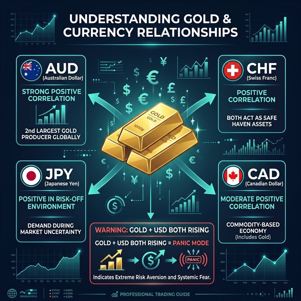 Gold and Currency Relationships — AUD, CHF, JPY, CAD