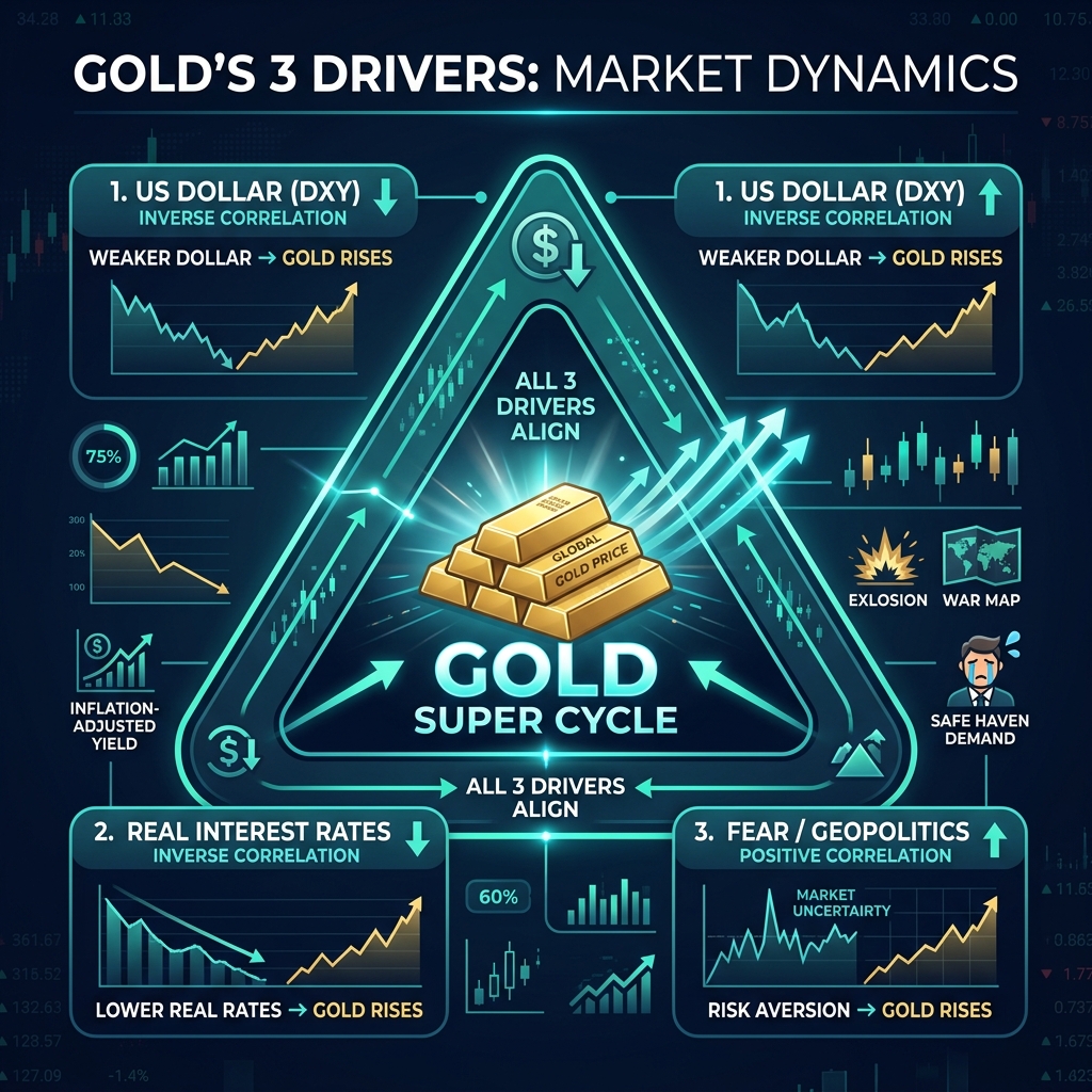 Gold's 3 Drivers — DXY, Real Rates, Fear
