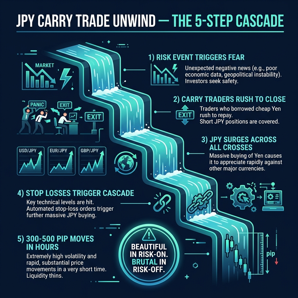 JPY Carry Trade Unwind — 5-step cascade to disaster