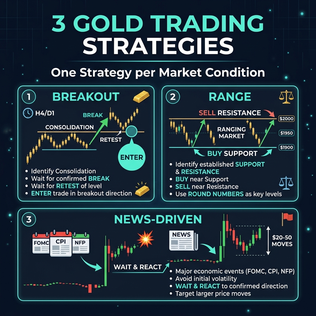 3 Gold Trading Strategies — Breakout, Range, News-Driven