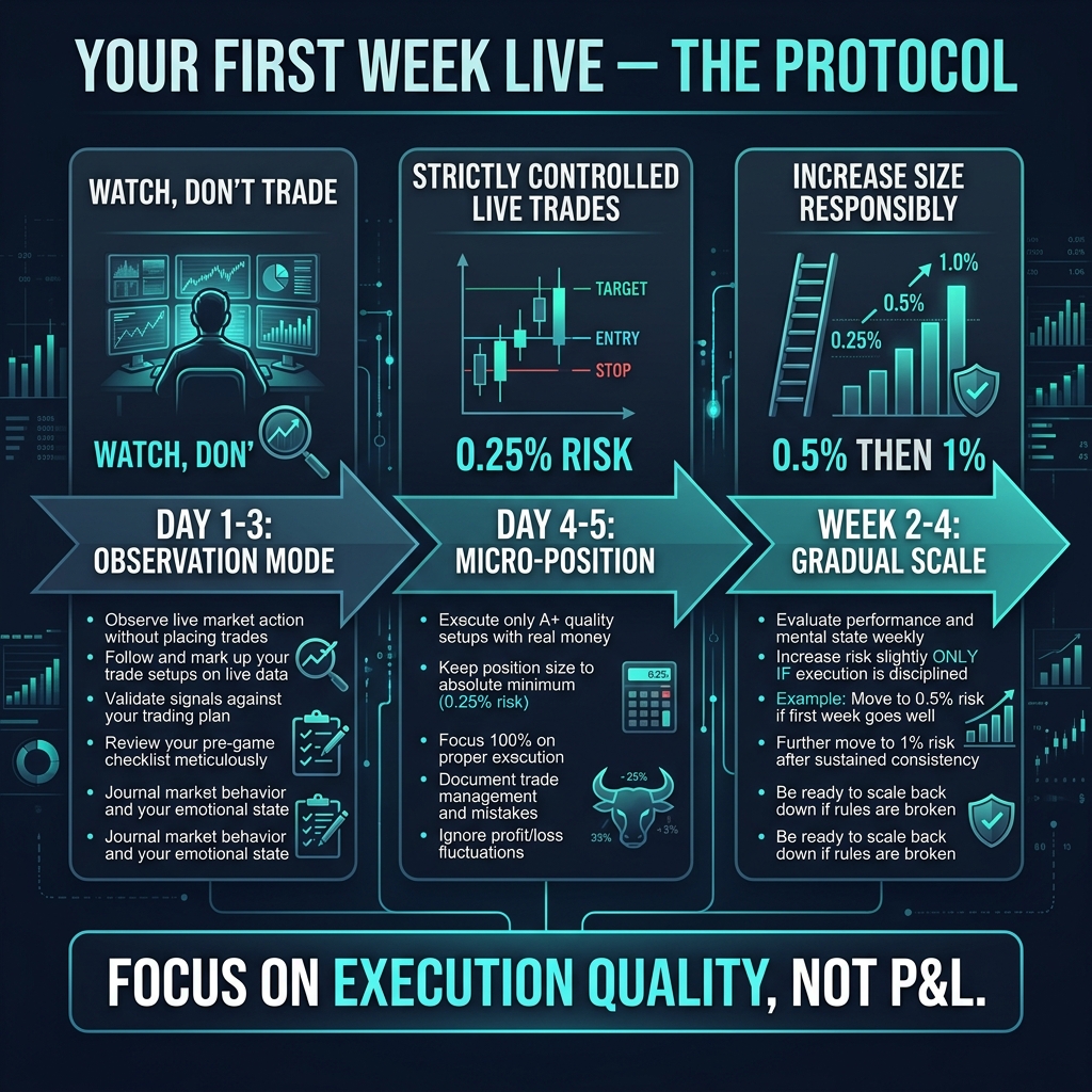 Your First Week Live Protocol — observe then micro-trade