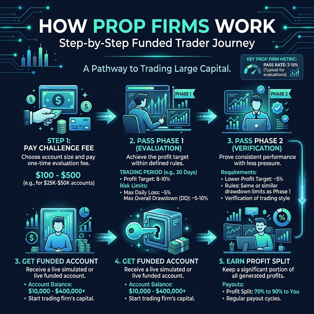 How Prop Firms Work — 5-step flow from fee to funding