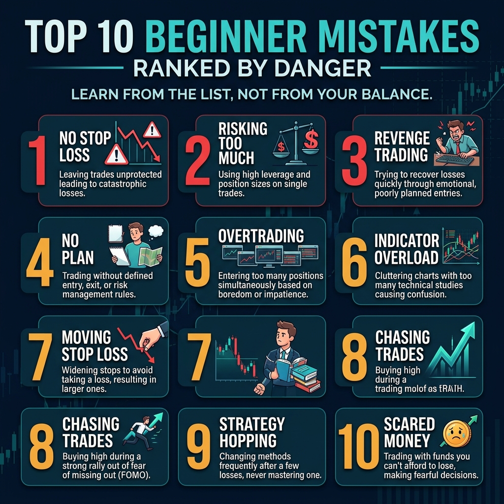 Top 10 Beginner Trading Mistakes ranked by danger
