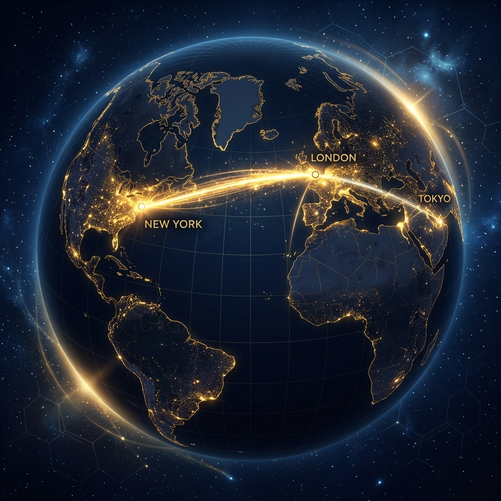 The world's three major financial hubs — London, New York, and Tokyo connected by trading volume