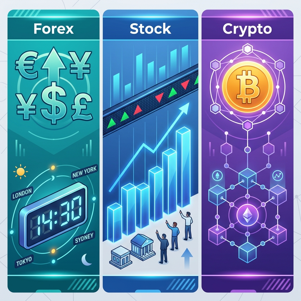 Comparing forex, stocks, and crypto markets — key differences for traders