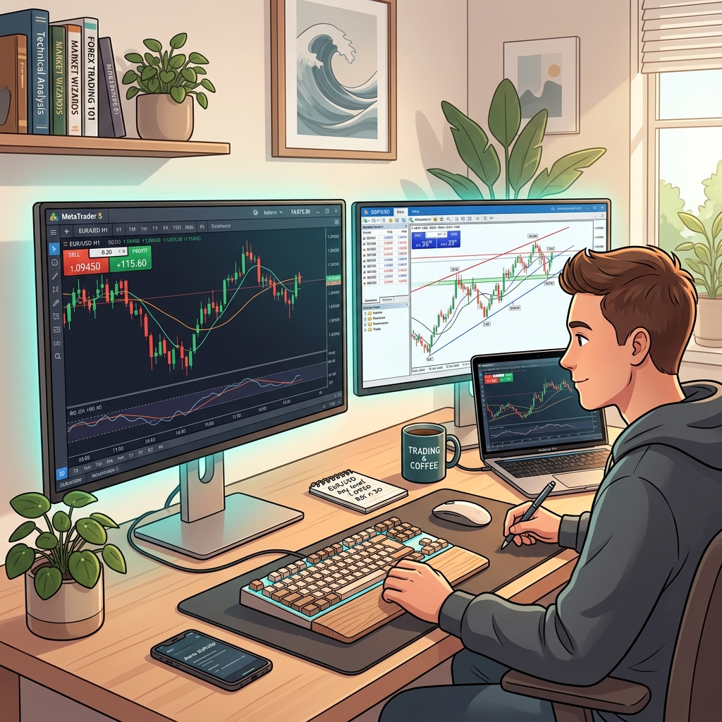 A retail forex trader's workspace — where individual traders connect to the global market