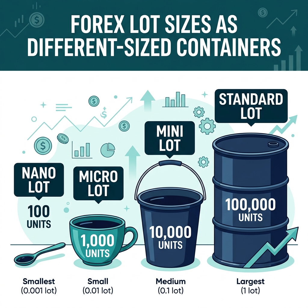 Forex lot sizes compared — from nano (100 units) to standard (100,000 units)