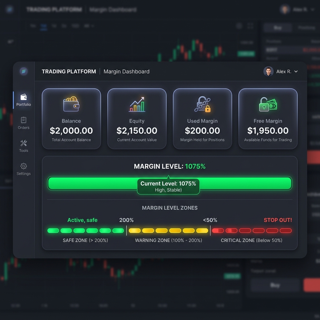A trading platform's margin dashboard showing Balance, Equity, Used Margin, and Free Margin