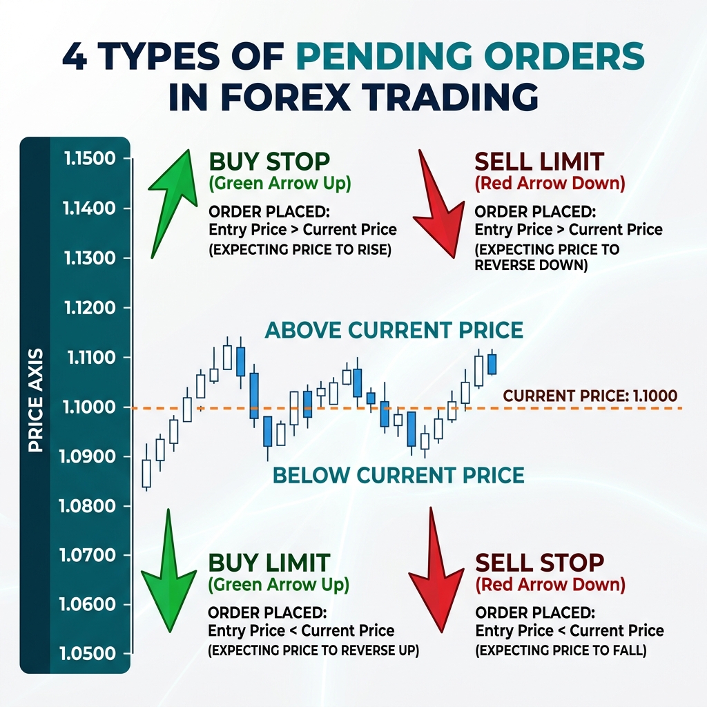The four types of pending orders — Buy Limit, Sell Limit, Buy Stop, and Sell Stop