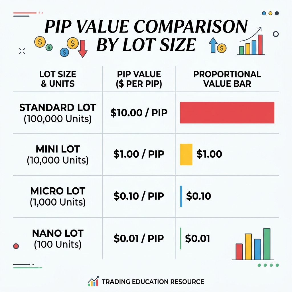 Pip values across different lot sizes — from $0.01 (nano) to $10 (standard)