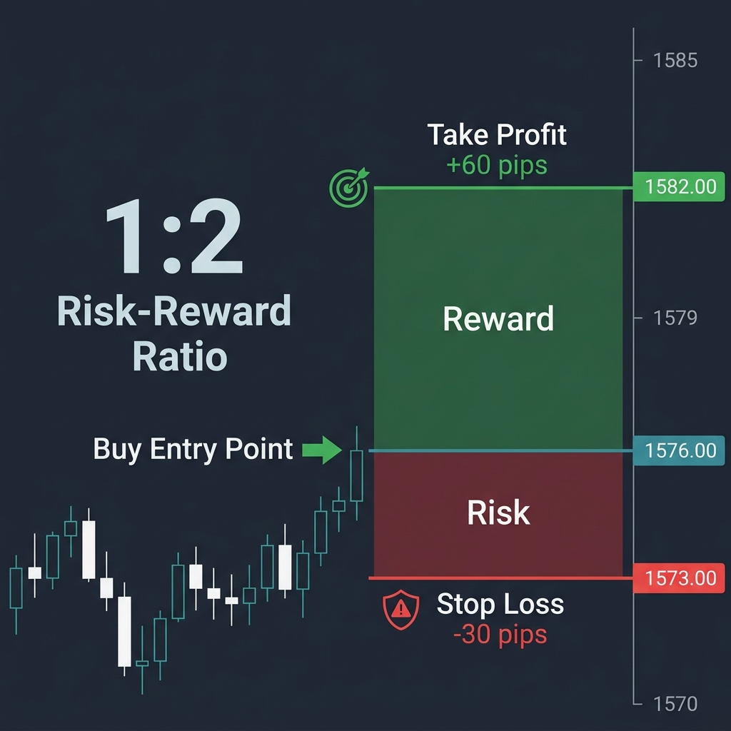 A complete trade setup showing Stop Loss and Take Profit with a 1:2 risk-reward ratio