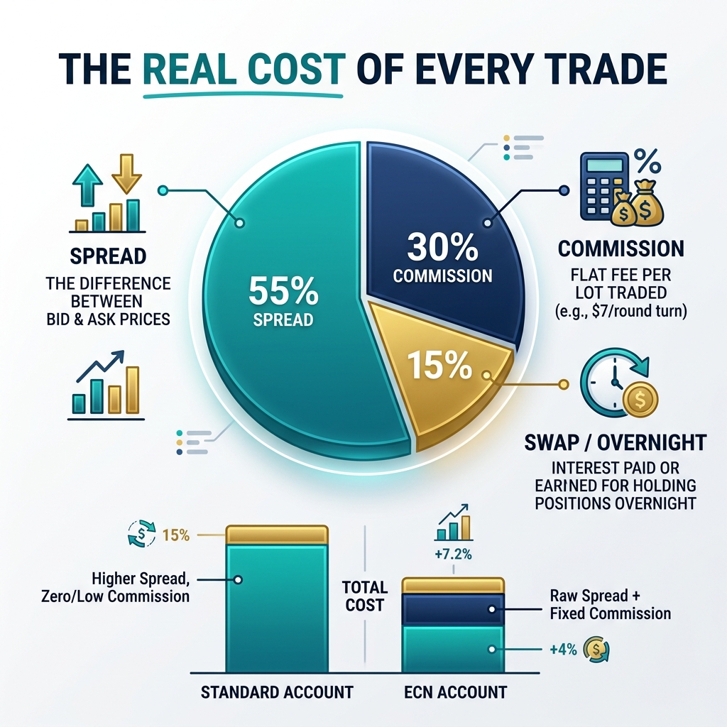 The three components of forex trading costs — spread, commission, and swap fees